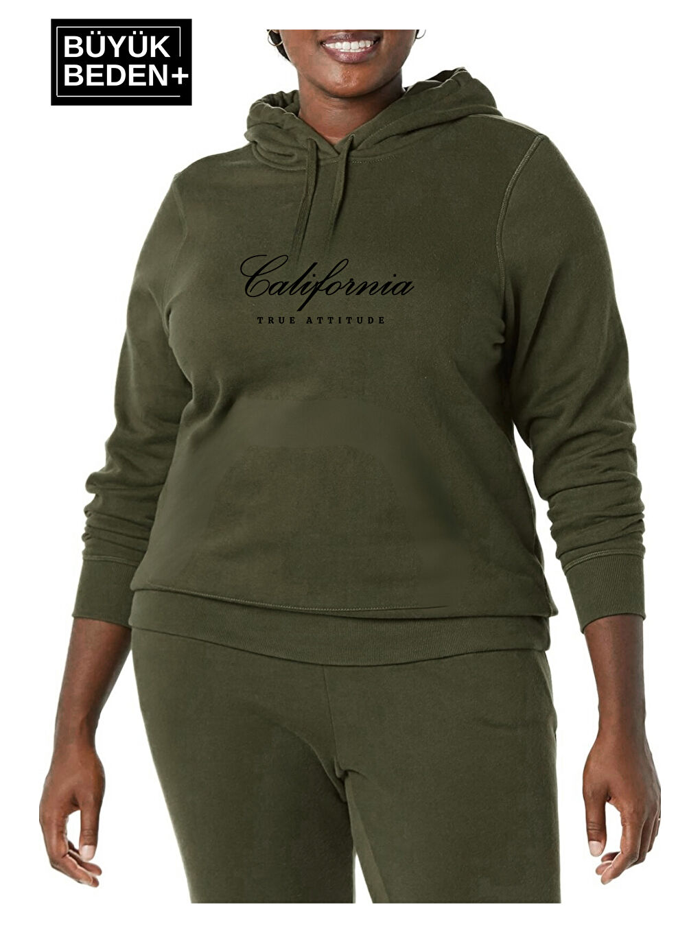 Haki Kadın El Yazılı California Baskılı Büyük Beden İnce Kapüşonlu Sweatshirt SPR25BSWK62
