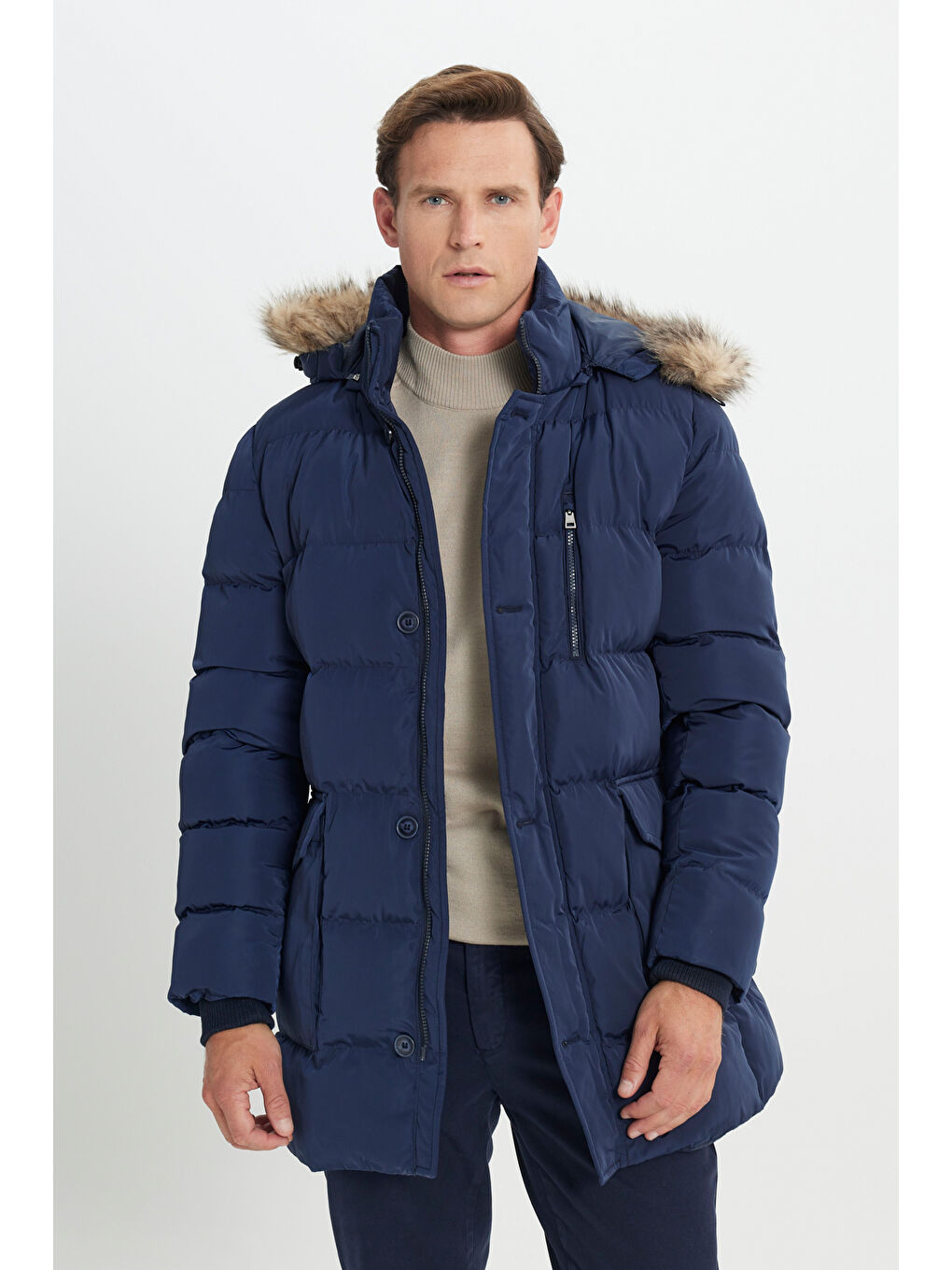 Erkek Lacivert Standart Fit Soğuk Geçirmez Casual Mont