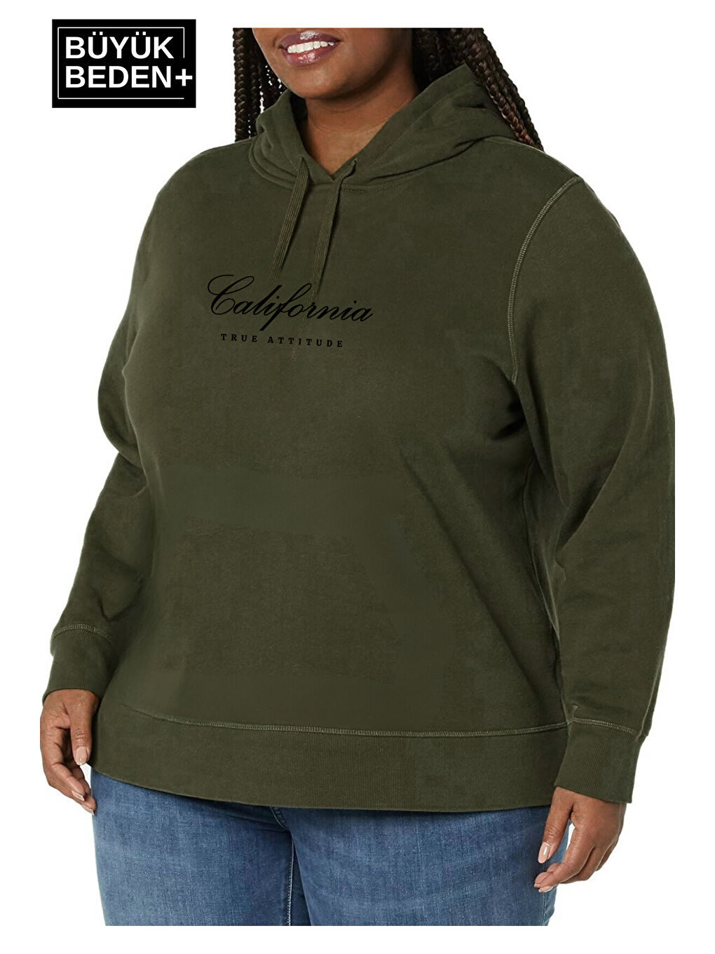 Haki Kadın El Yazılı California Baskılı Büyük Beden İnce Kapüşonlu Sweatshirt SPR25BSWK62-1