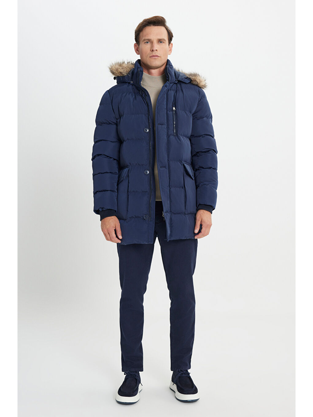 Erkek Lacivert Standart Fit Soğuk Geçirmez Casual Mont-1