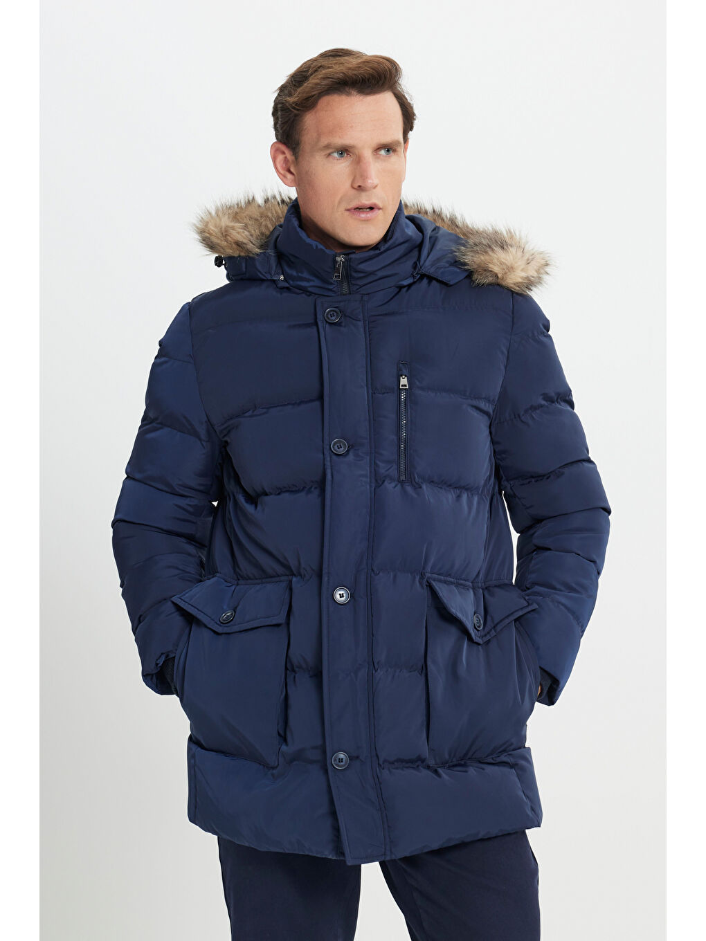 Erkek Lacivert Standart Fit Soğuk Geçirmez Casual Mont-2