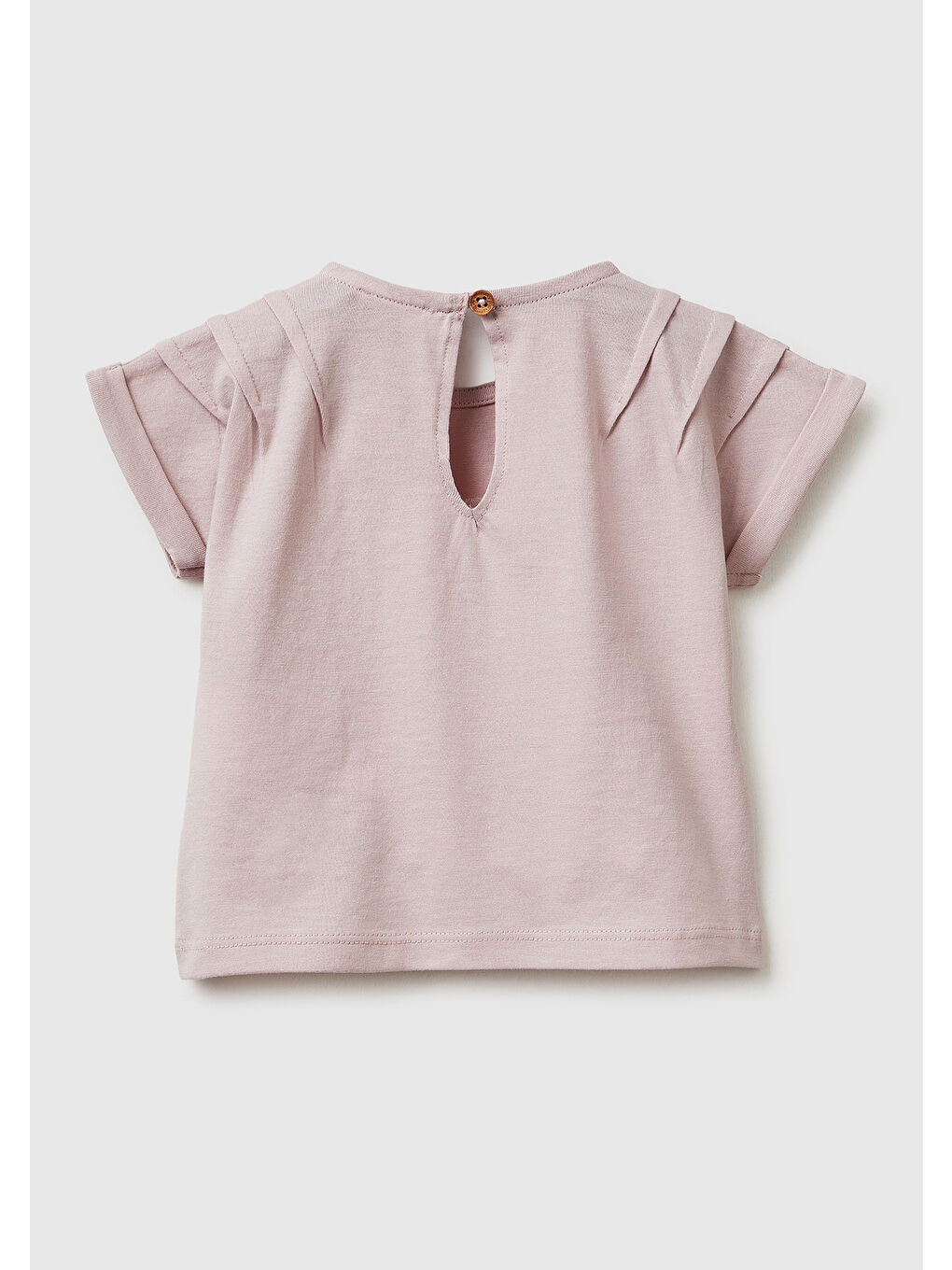 Pembe Bebek Gül Kurusu Su Bazlı Baskılı İşlemeli Arkası Düğmeli Kimono Kol T-Shirt-1