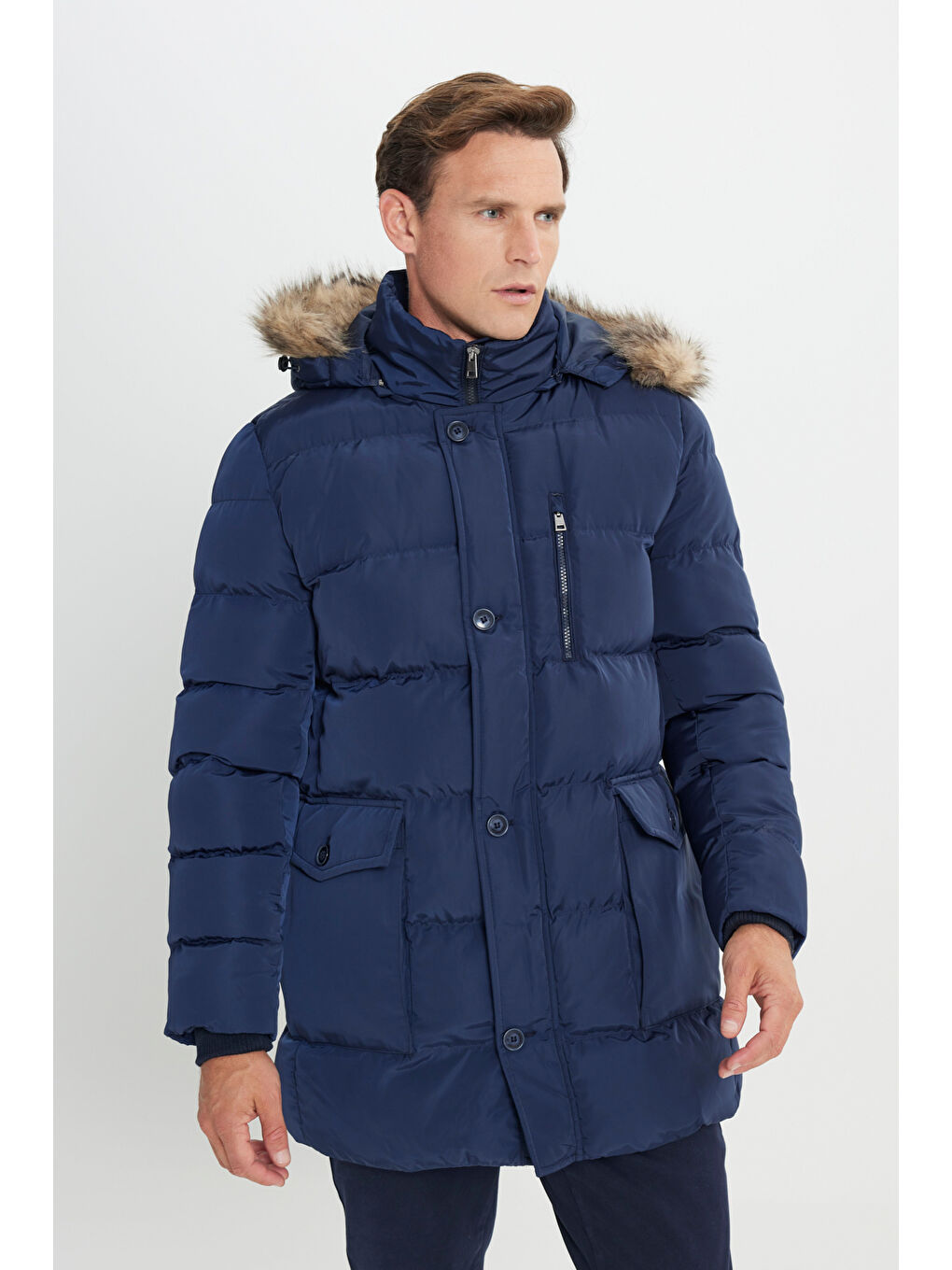 Erkek Lacivert Standart Fit Soğuk Geçirmez Casual Mont-3