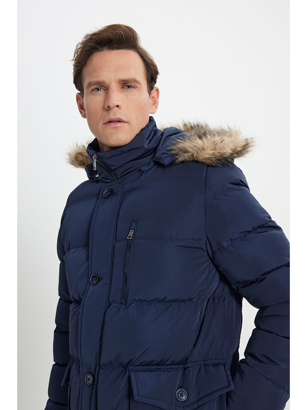 Erkek Lacivert Standart Fit Soğuk Geçirmez Casual Mont-4