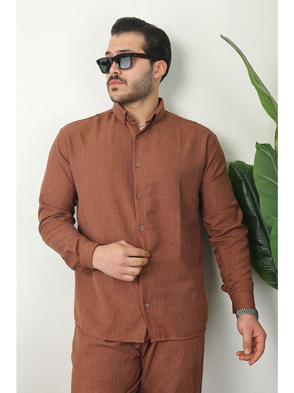 Kahverengi Erkek Trend Keten Gömlek Baggy Eşofman Kahve İkili Takım-2