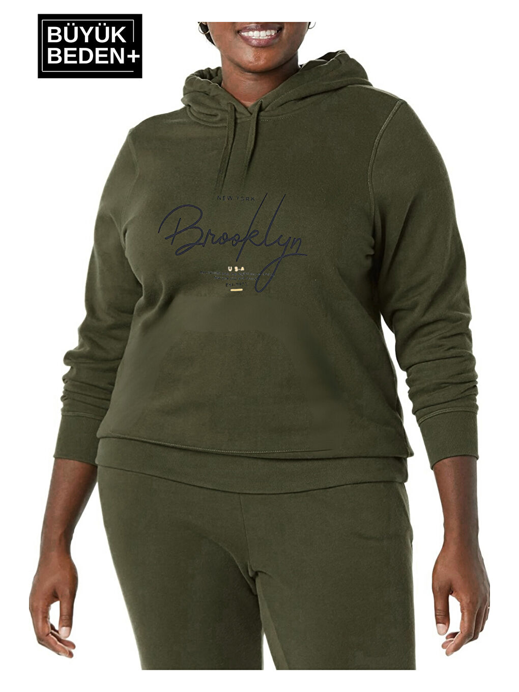 Haki Kadın El Yazılı Brooklyn Baskılı Büyük Beden İnce Kapüşonlu Swatshırt SPR25BSWK58