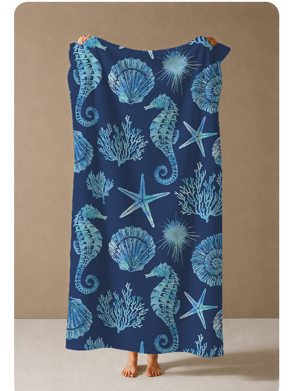 Lacivert Deniz Kabuğu Ve Deniz Yıldızı Desenli 70x150 Cm Dijital Baskılı Plaj Ve Banyo Havlusu-2