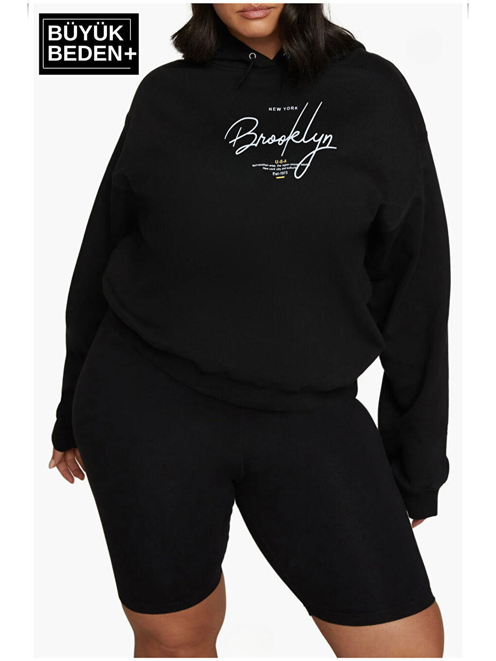 Siyah Kadın El Yazılı Brooklyn Baskılı Büyük Beden İnce Kapüşonlu Swatshırt SPR25BSWK58-2