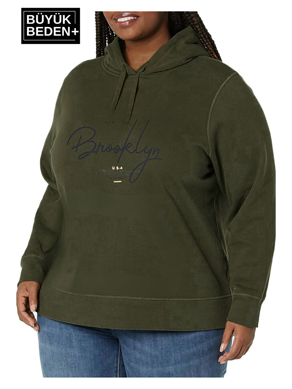 Haki Kadın El Yazılı Brooklyn Baskılı Büyük Beden İnce Kapüşonlu Swatshırt SPR25BSWK58-1
