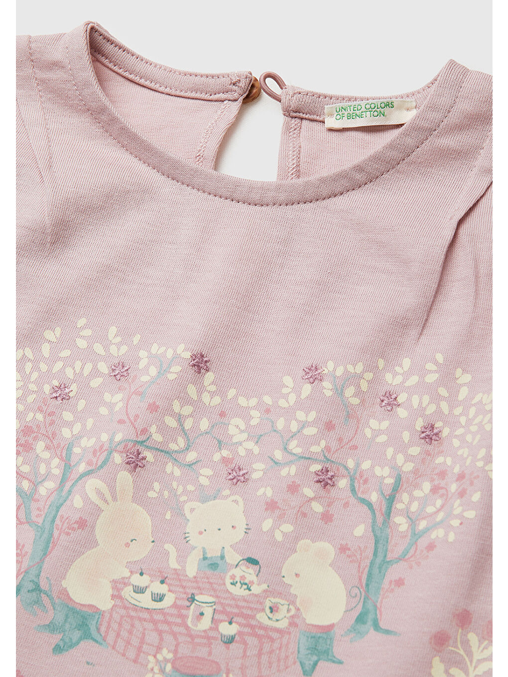 Pembe Bebek Gül Kurusu Su Bazlı Baskılı İşlemeli Arkası Düğmeli Kimono Kol T-Shirt-2