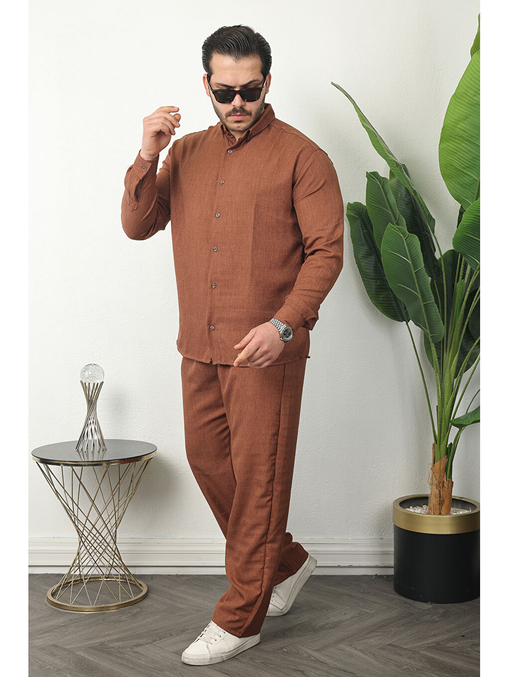 Kahverengi Erkek Trend Keten Gömlek Baggy Eşofman Kahve İkili Takım-3