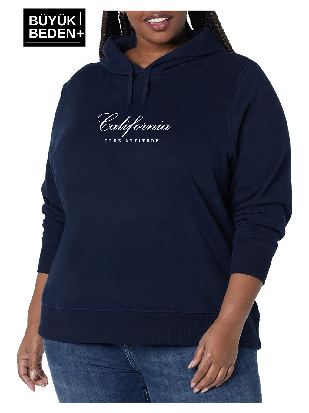 Lacivert Kadın El Yazılı California Baskılı Büyük Beden İnce Kapüşonlu Swatshırt SPR25BSWK62