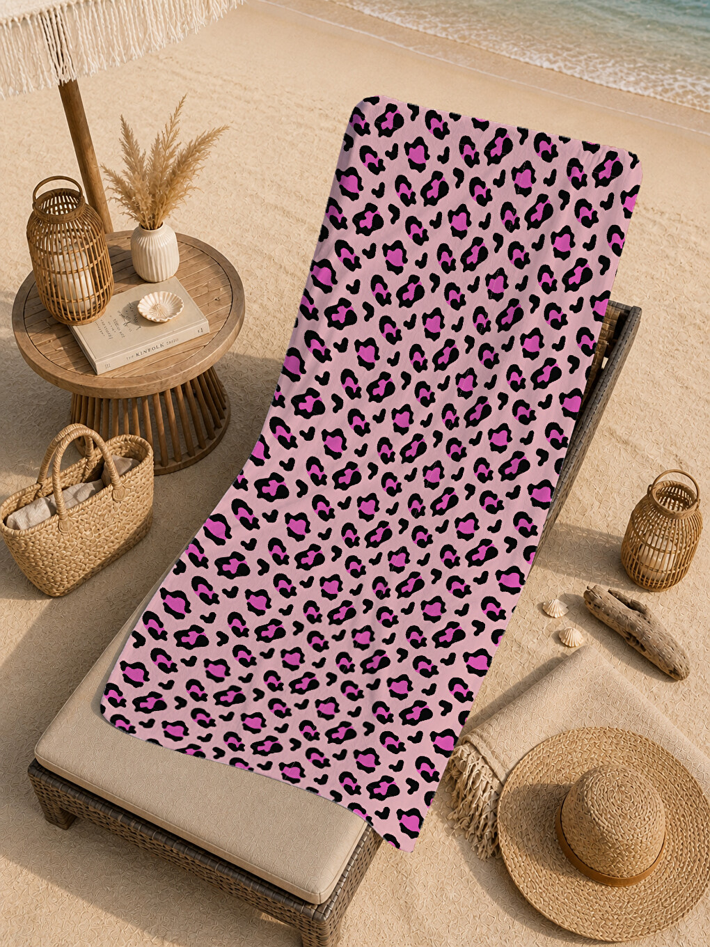 Bej Pembe Leopar Desenli 70x150 Cm Dijital Baskılı Plaj Ve Banyo Havlusu-4