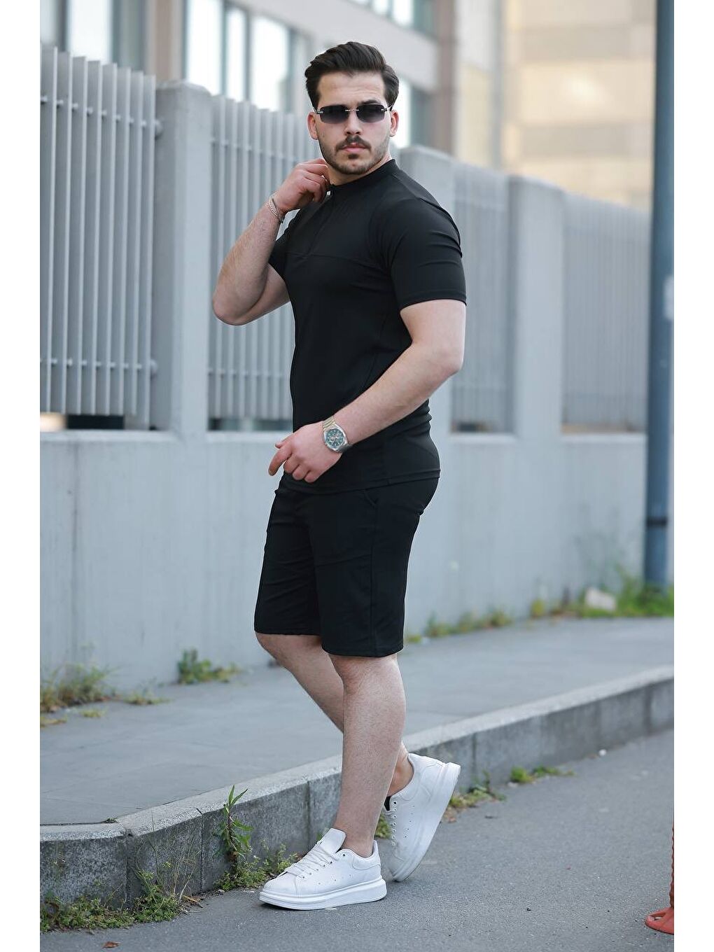 Erkek Fermuarlı Tişört Basic Şortlu Siyah Yazlık İkili Takım-1