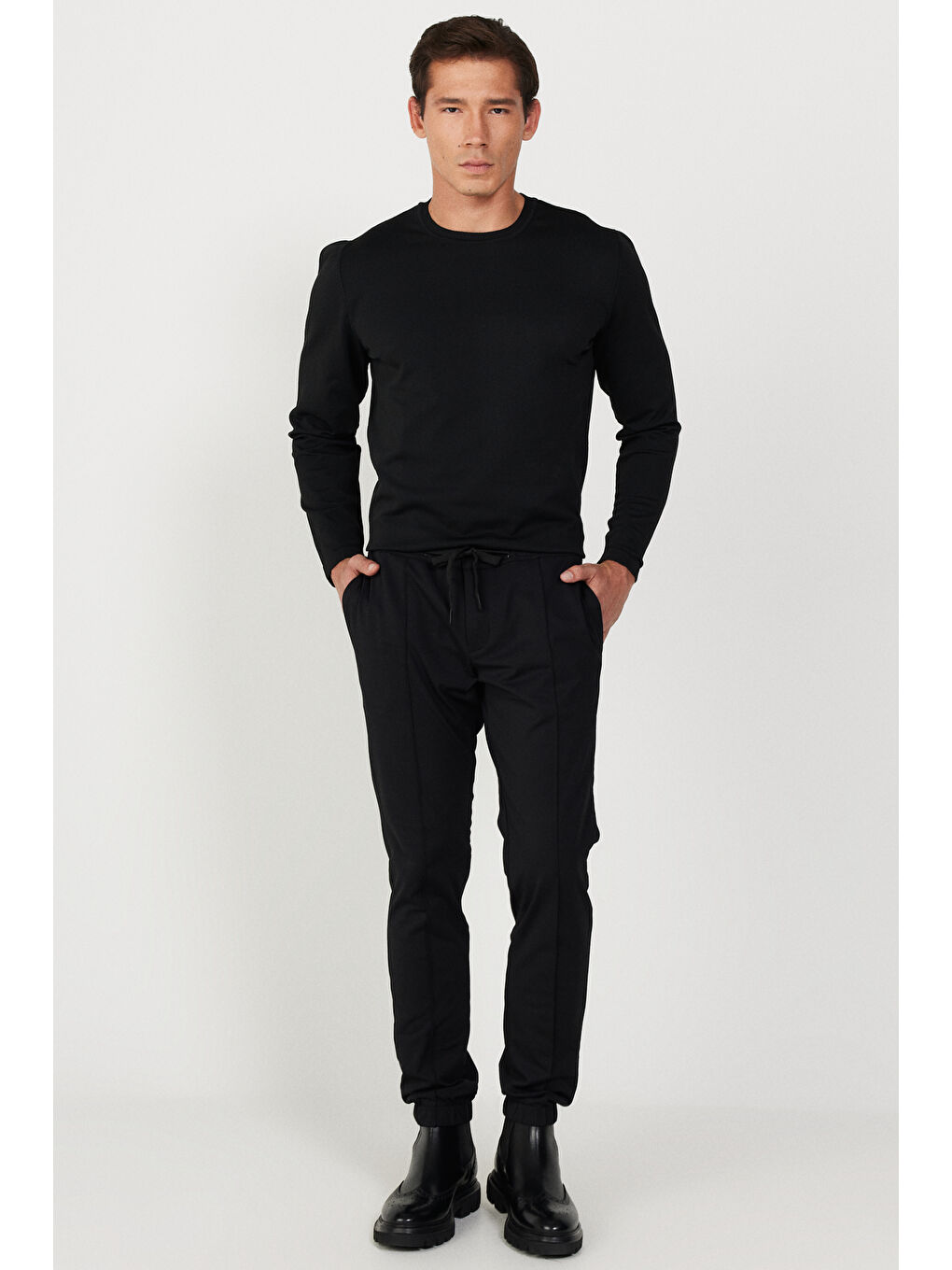 Erkek Siyah Slim Fit Dar Kesim Beli Bağlamalı Pantolon-2