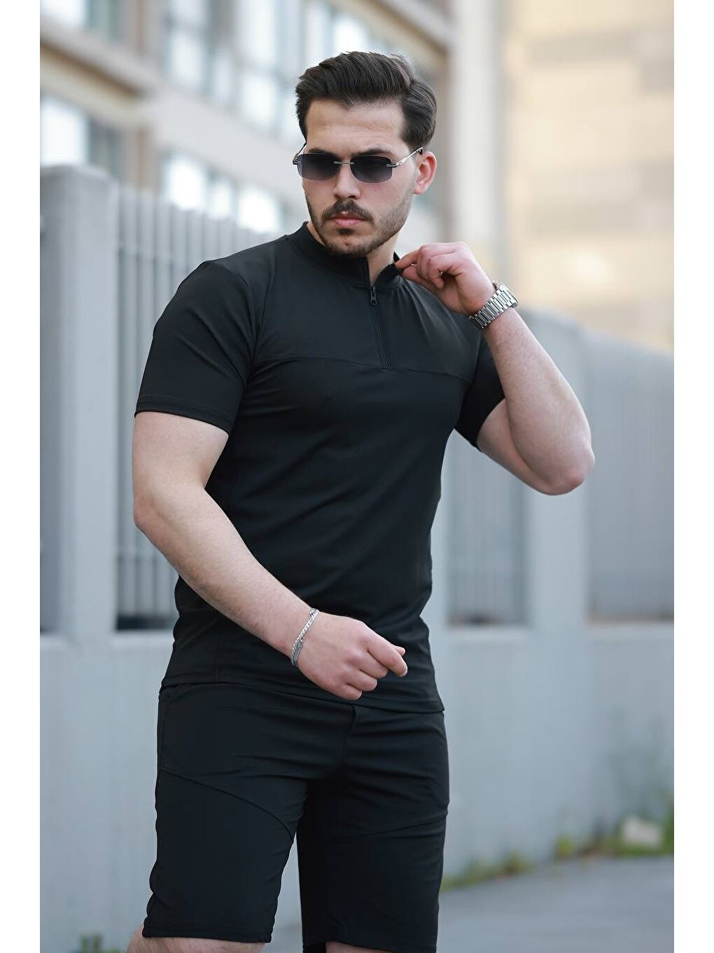 Erkek Fermuarlı Tişört Basic Şortlu Siyah Yazlık İkili Takım-2