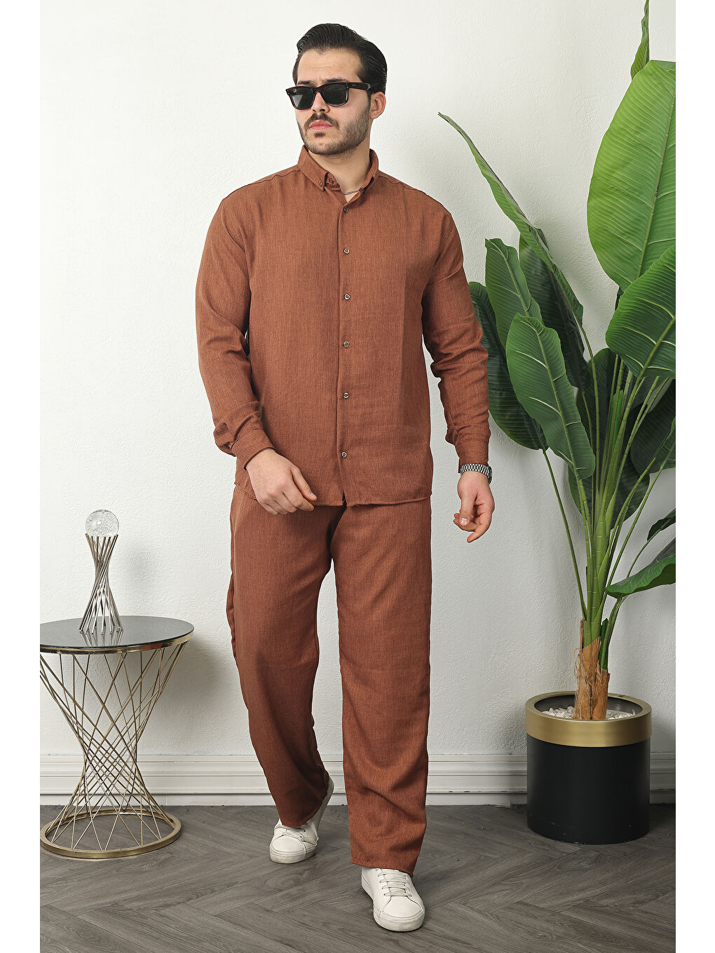 Kahverengi Erkek Trend Keten Gömlek Baggy Eşofman Kahve İkili Takım-4