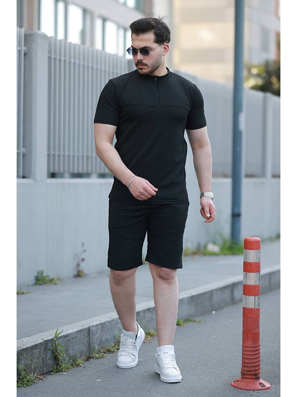Erkek Fermuarlı Tişört Basic Şortlu Siyah Yazlık İkili Takım-4