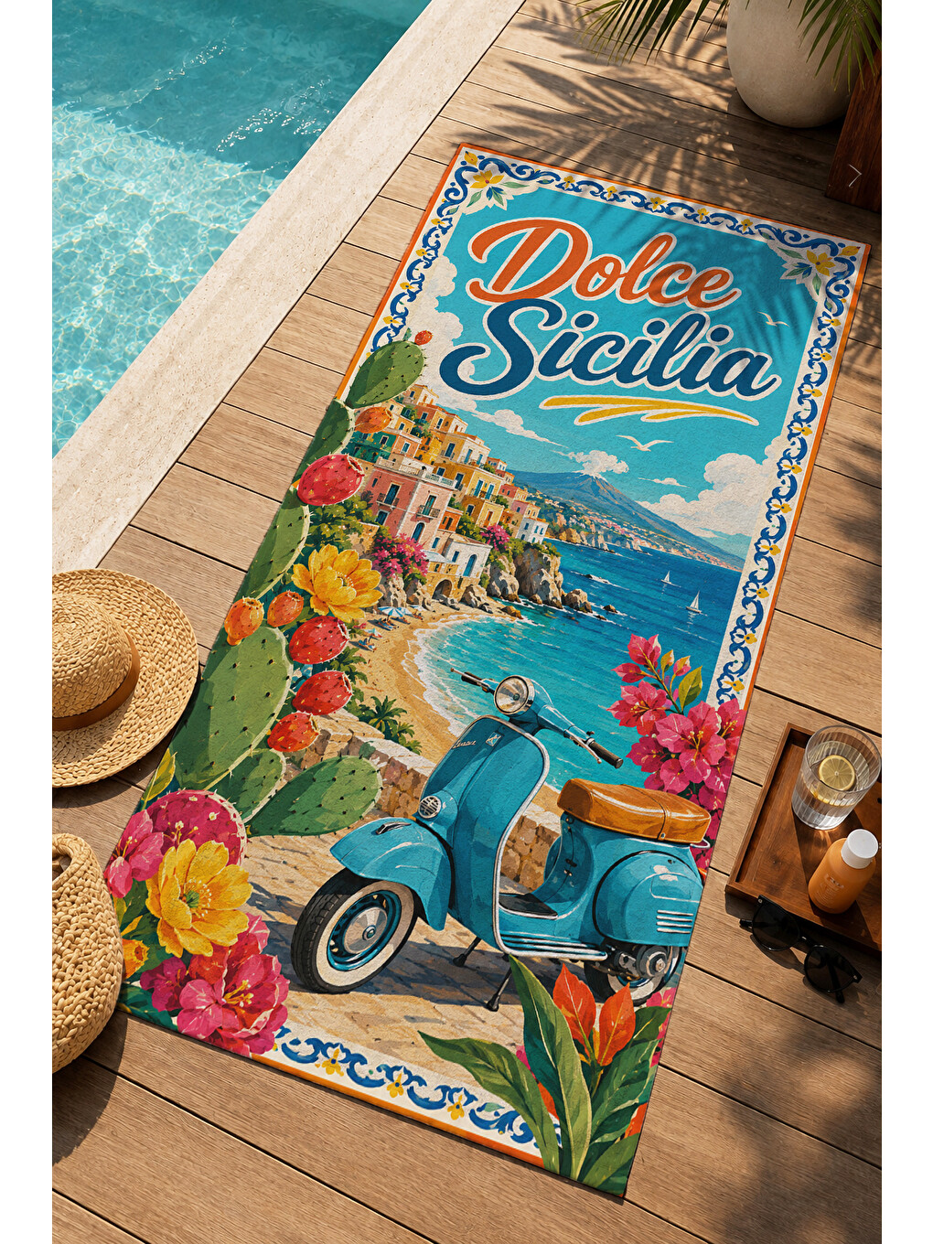Sarı Vintage Dolce Sicilia Scooter Desenli 70x150 Plaj Havlusu - Dijital Baskılı Solmaz Banyo Havlusu-1