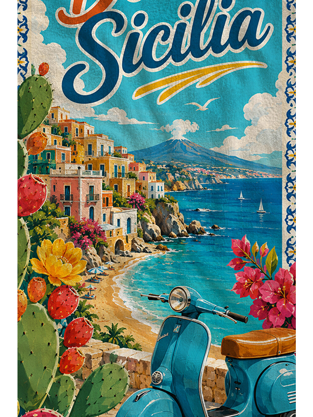 Sarı Vintage Dolce Sicilia Scooter Desenli 70x150 Plaj Havlusu - Dijital Baskılı Solmaz Banyo Havlusu-2