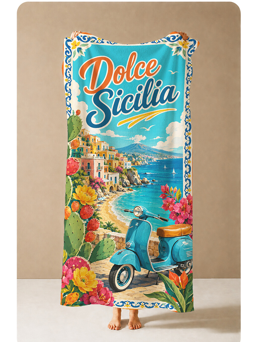 Sarı Vintage Dolce Sicilia Scooter Desenli 70x150 Plaj Havlusu - Dijital Baskılı Solmaz Banyo Havlusu-3