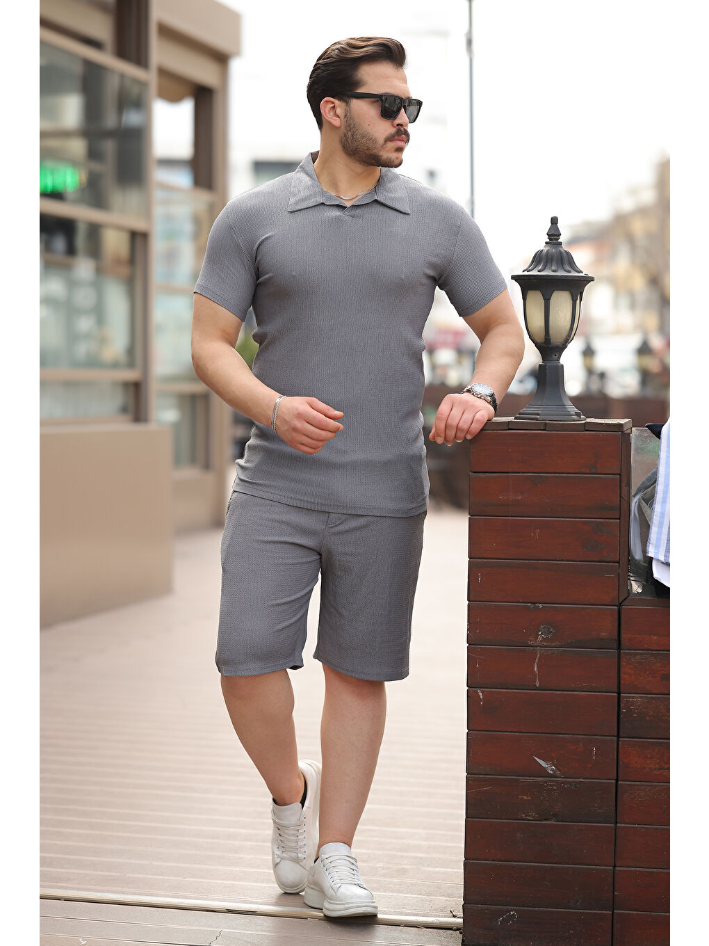 Gri Erkek Bürümcük Füme Tişört Bol Şortlu Yazlık İkili Takım