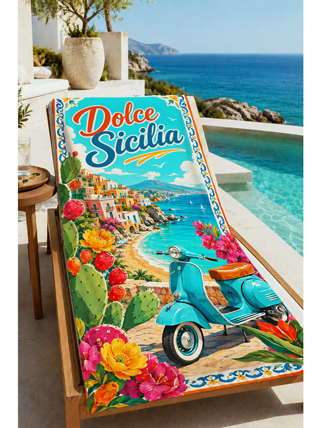 Sarı Vintage Dolce Sicilia Scooter Desenli 70x150 Plaj Havlusu - Dijital Baskılı Solmaz Banyo Havlusu-4
