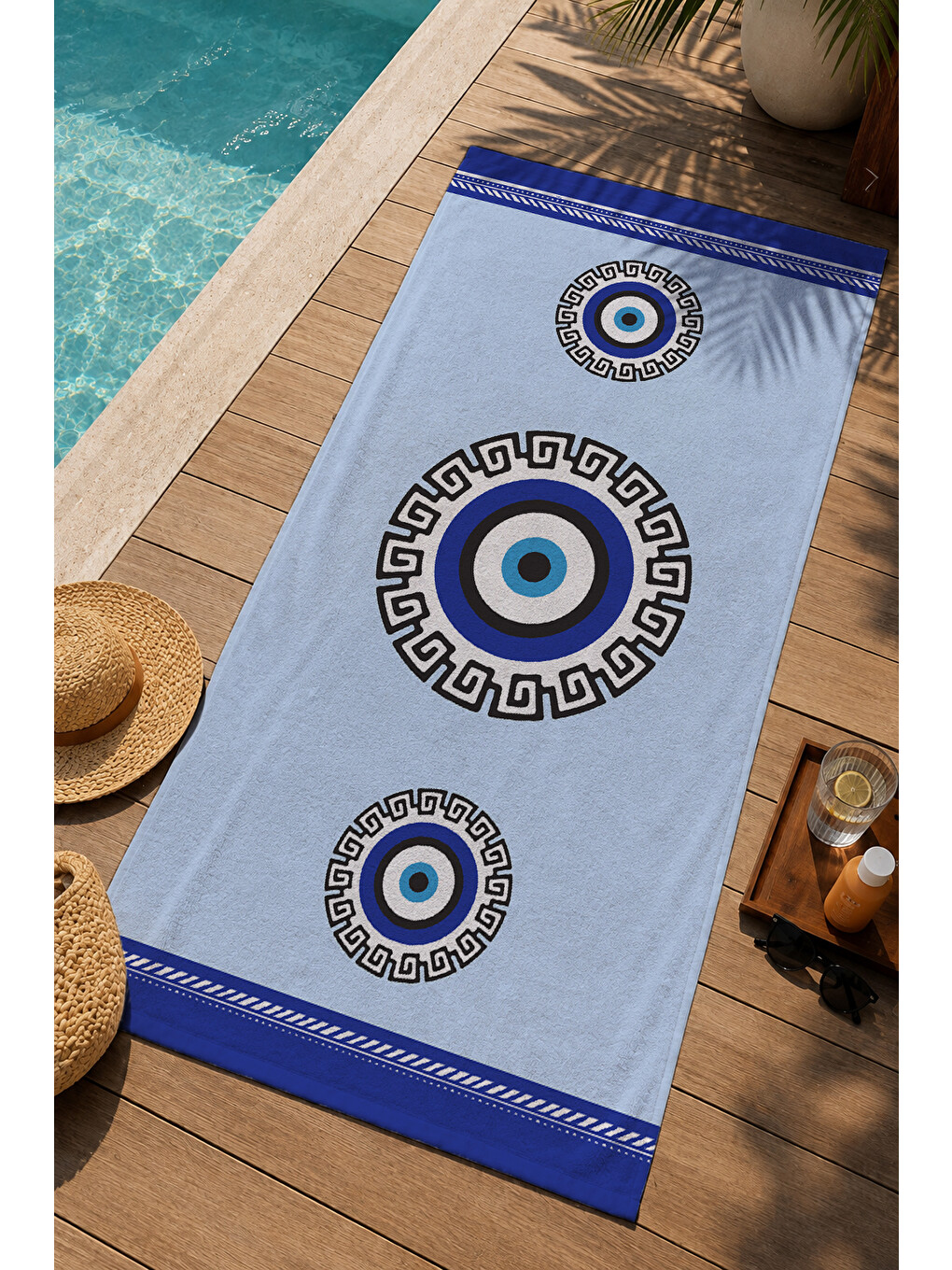 Beyaz Mavi Nazar Boncuğu Mandala Desenli 70x150 Cm Dijital Baskılı Plaj Ve Banyo Havlusu-2