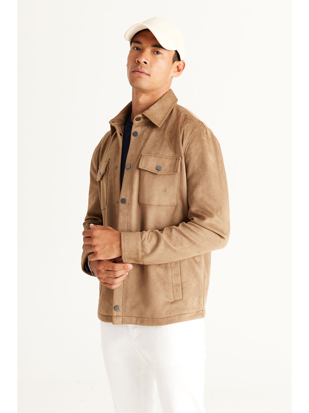 Erkek Bej Standart Fit Normal Kesim Gömlek Yaka Yağlı Görünümlü Mont-1