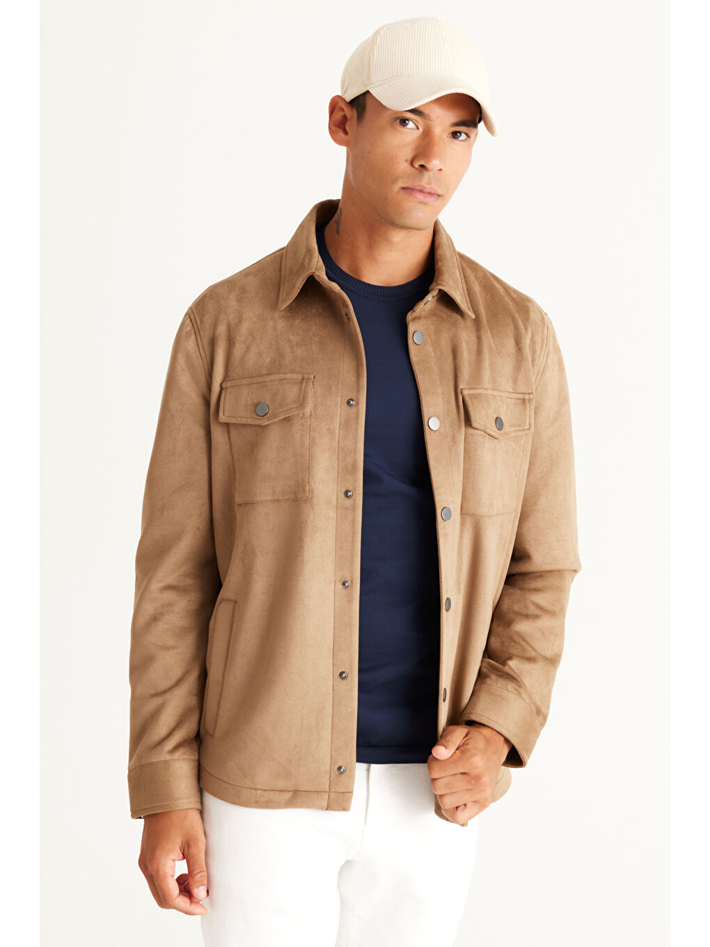 Erkek Bej Standart Fit Normal Kesim Gömlek Yaka Yağlı Görünümlü Mont-2