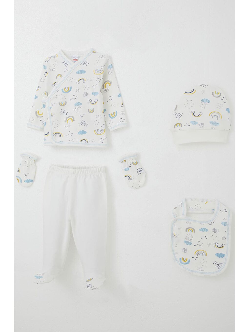 Erkek Bebek Hastane Çıkışı 5 Li Gökyüzü Temalı Bulut Desenli Beyaz (0-3 Ay)-1
