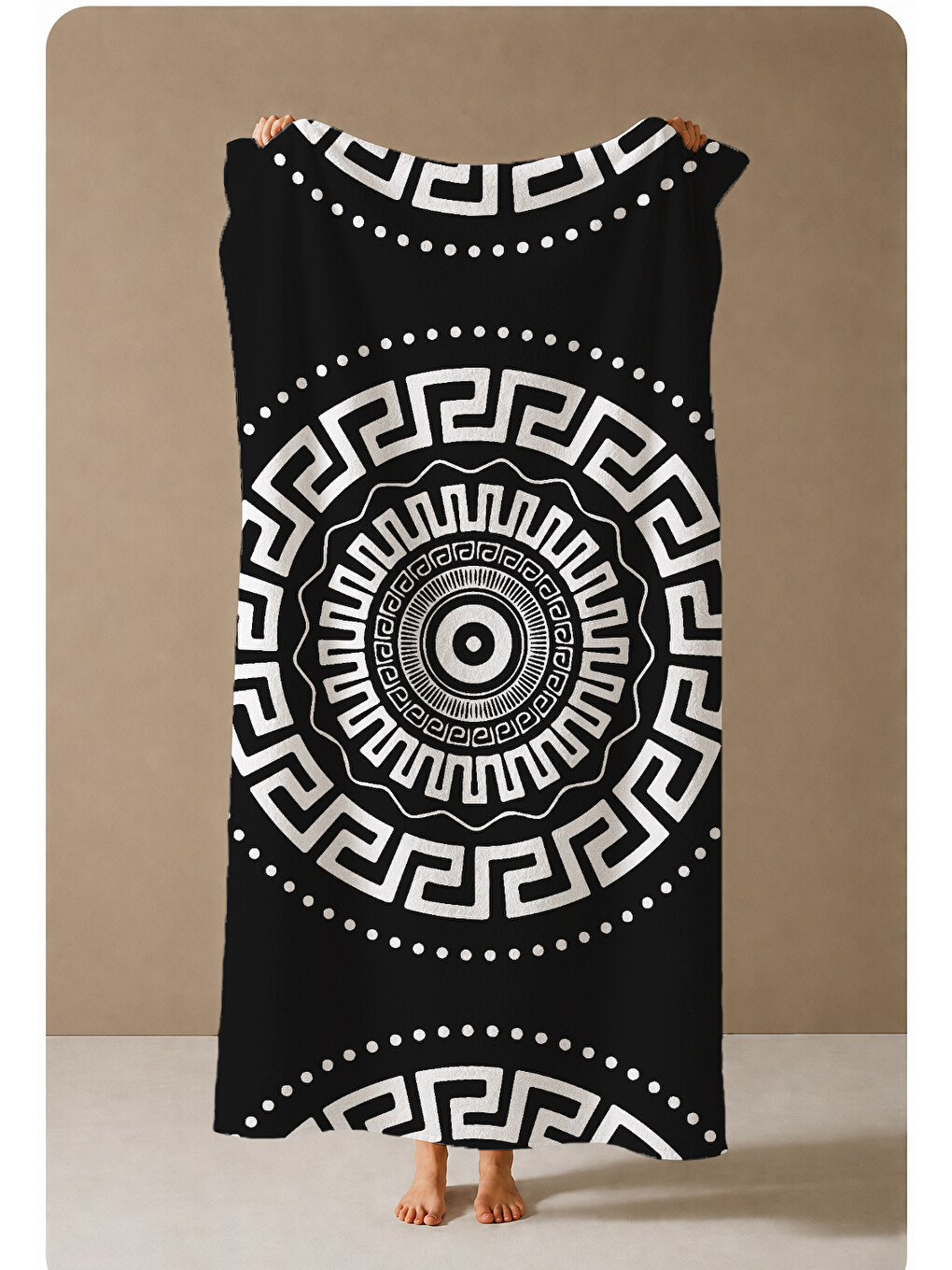 Siyah Beyaz Yunan Anahtarı Mandala Desenli 70x150 Cm Dijital Baskılı Plaj Ve Banyo Havlusu-3