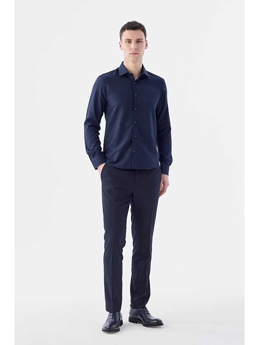 Koyu Lacivert-2 Comfort Fit Pamuklu Kolay Ütülenebilir Gömlek-1