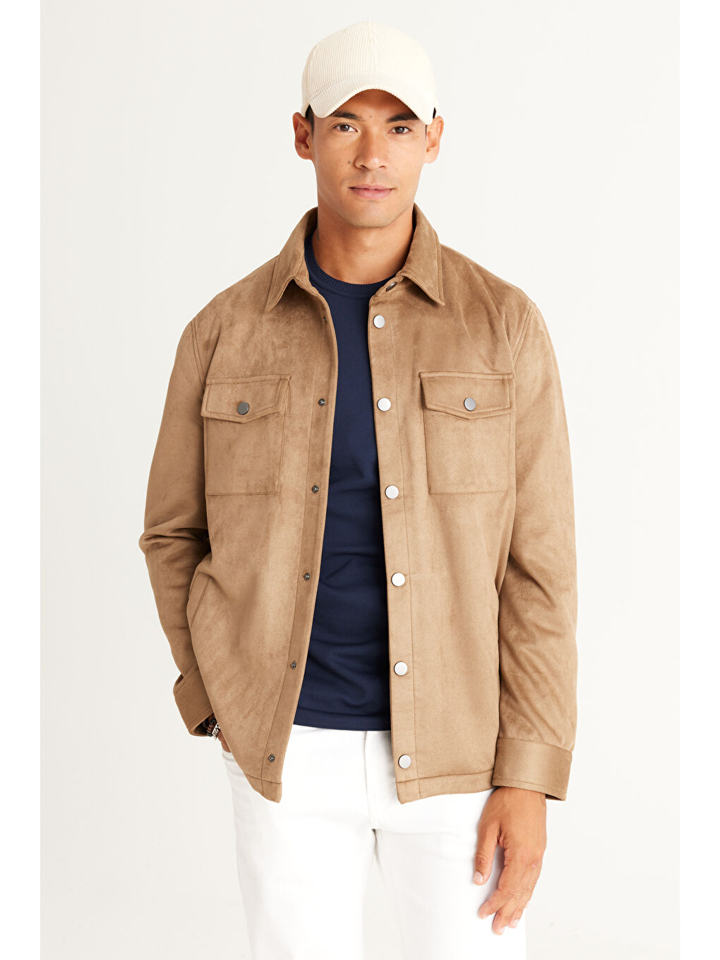 Erkek Bej Standart Fit Normal Kesim Gömlek Yaka Yağlı Görünümlü Mont-5