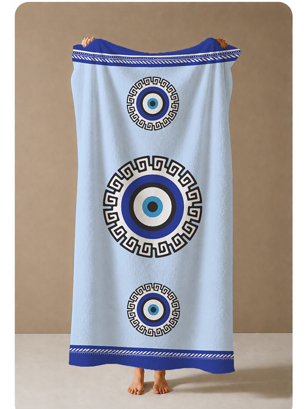 Beyaz Mavi Nazar Boncuğu Mandala Desenli 70x150 Cm Dijital Baskılı Plaj Ve Banyo Havlusu-3