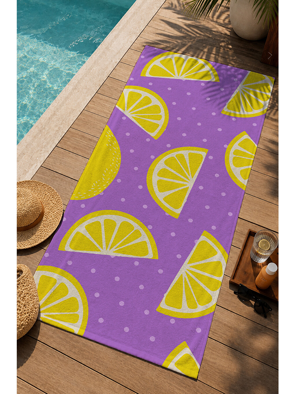 Mor Zemin Sarı Limon Desenli 70x150 Cm Dijital Baskılı Plaj Ve Banyo Havlusu-1
