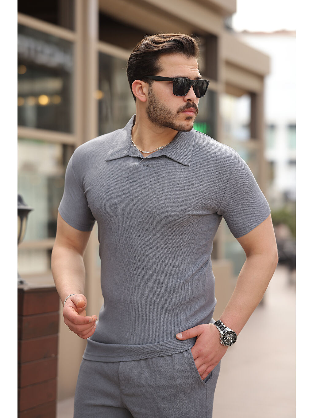 Gri Erkek Bürümcük Füme Tişört Bol Şortlu Yazlık İkili Takım-2