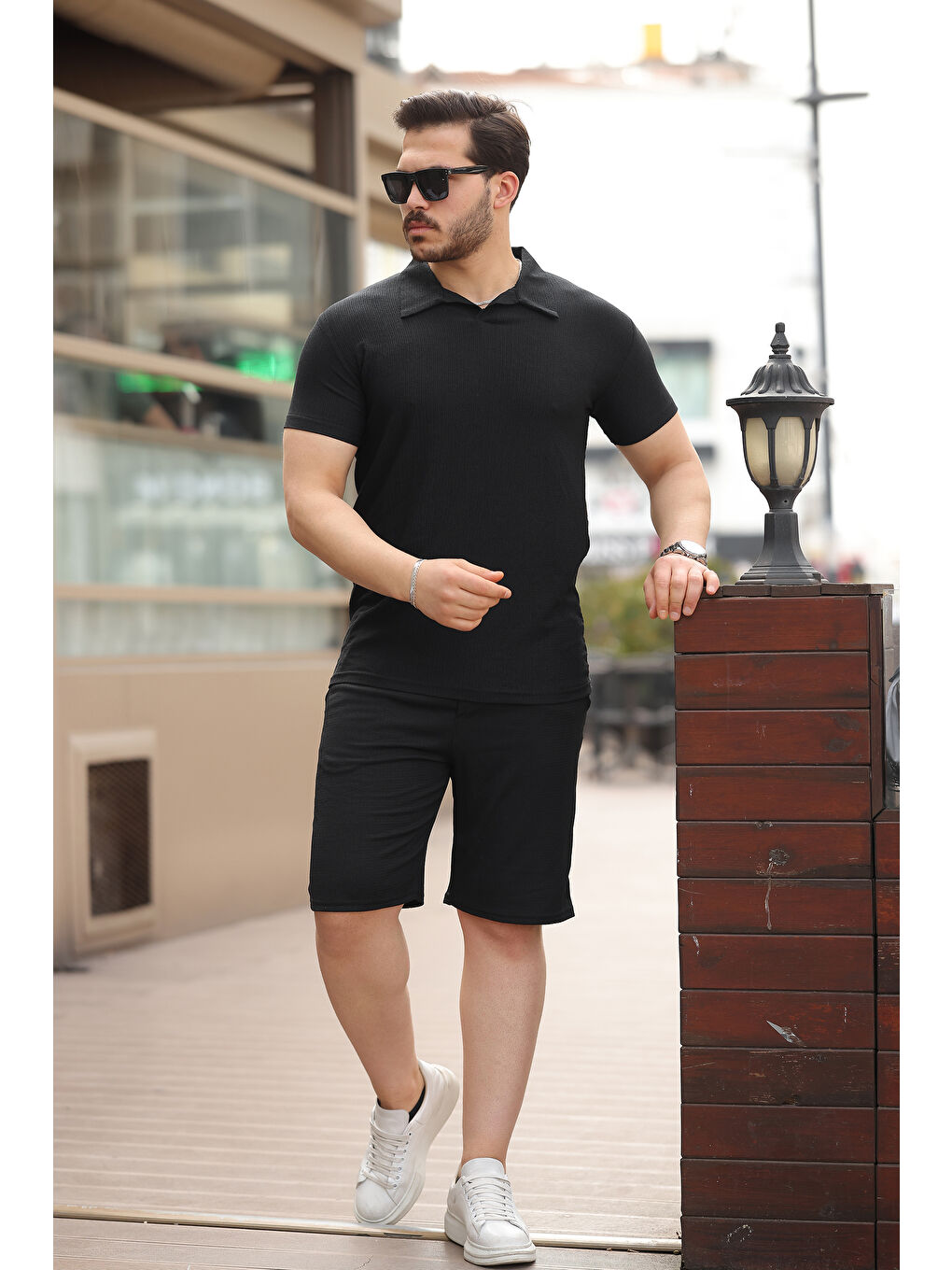 Erkek Bürümcük Siyah Tişört Bol Şortlu Yazlık İkili Takım