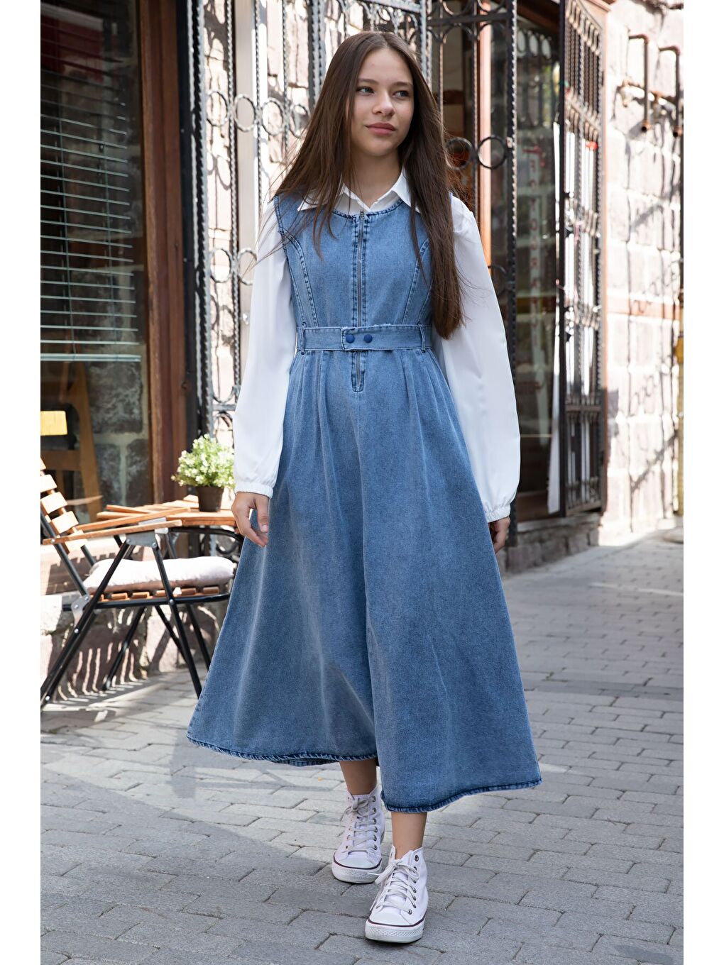 Lacivert Önü Fermuarlı Klasik Gömlekli Kız Çocuk Kuşaklı Jean Elbise 22738-3