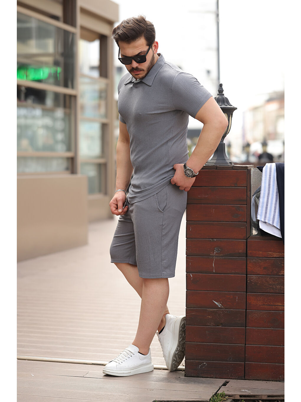 Gri Erkek Bürümcük Füme Tişört Bol Şortlu Yazlık İkili Takım-3