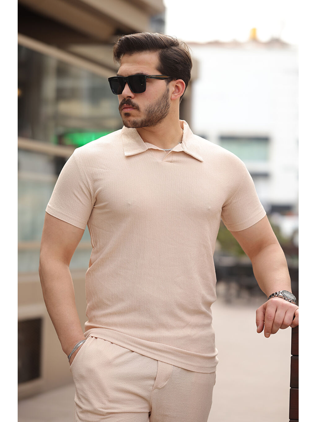 Ekru Erkek Bürümcük Krem Tişört Bol Şortlu Yazlık İkili Takım-2