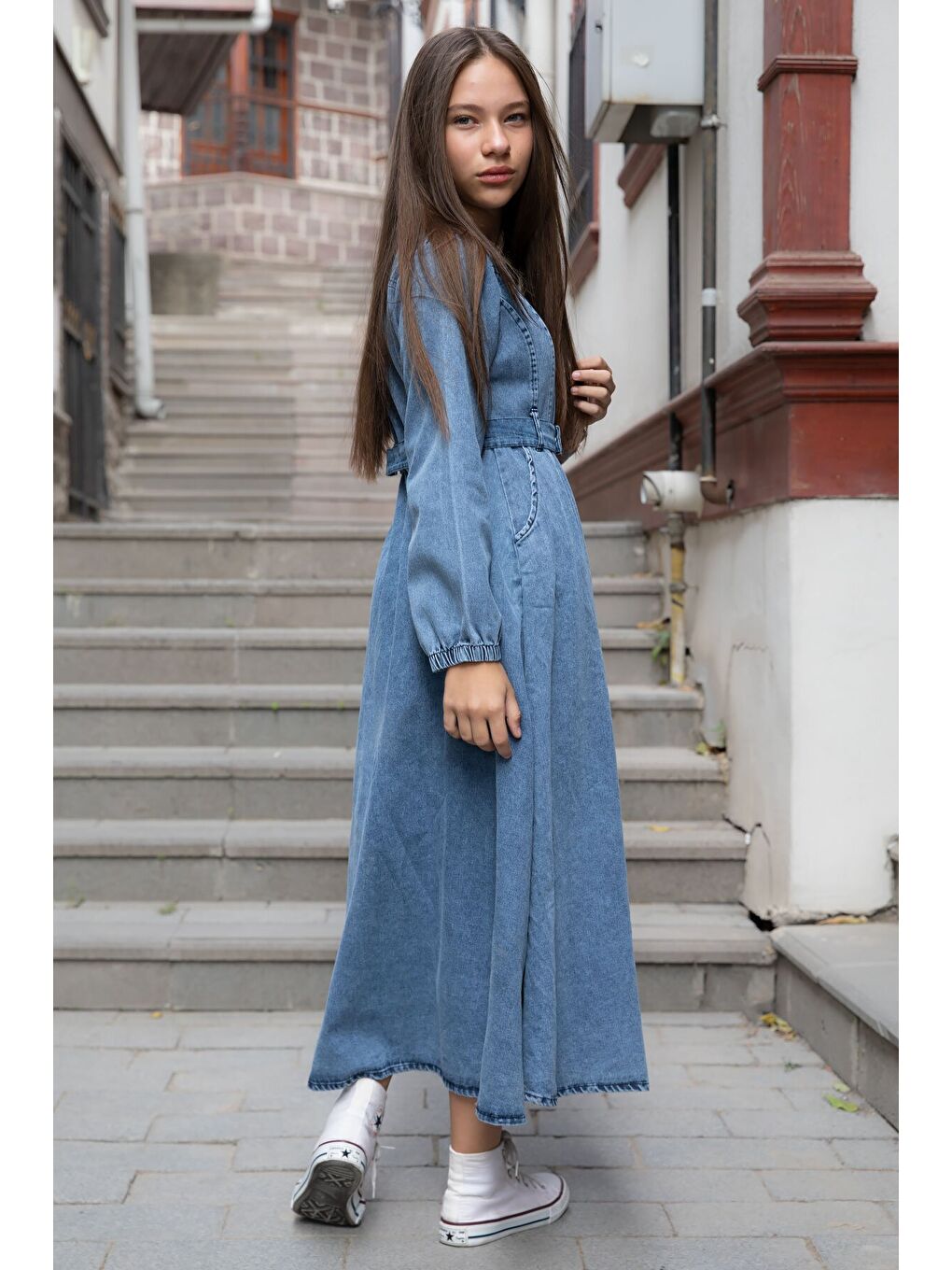 Mavi Uzun Kollu Önü Fermuarlı Kız Çocuk Kuşaklı Jean Elbise 22741-3