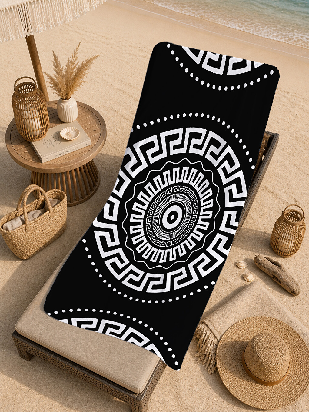Siyah Beyaz Yunan Anahtarı Mandala Desenli 70x150 Cm Dijital Baskılı Plaj Ve Banyo Havlusu-4