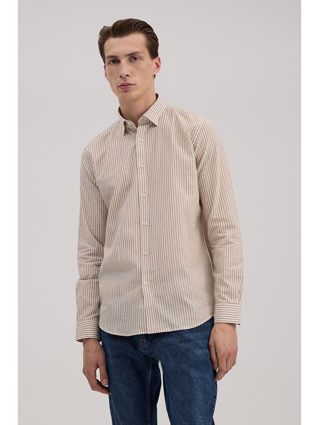 Kahverengi Taba Comfort Fit Keten Karışımlı Çizgili Gömlek-1