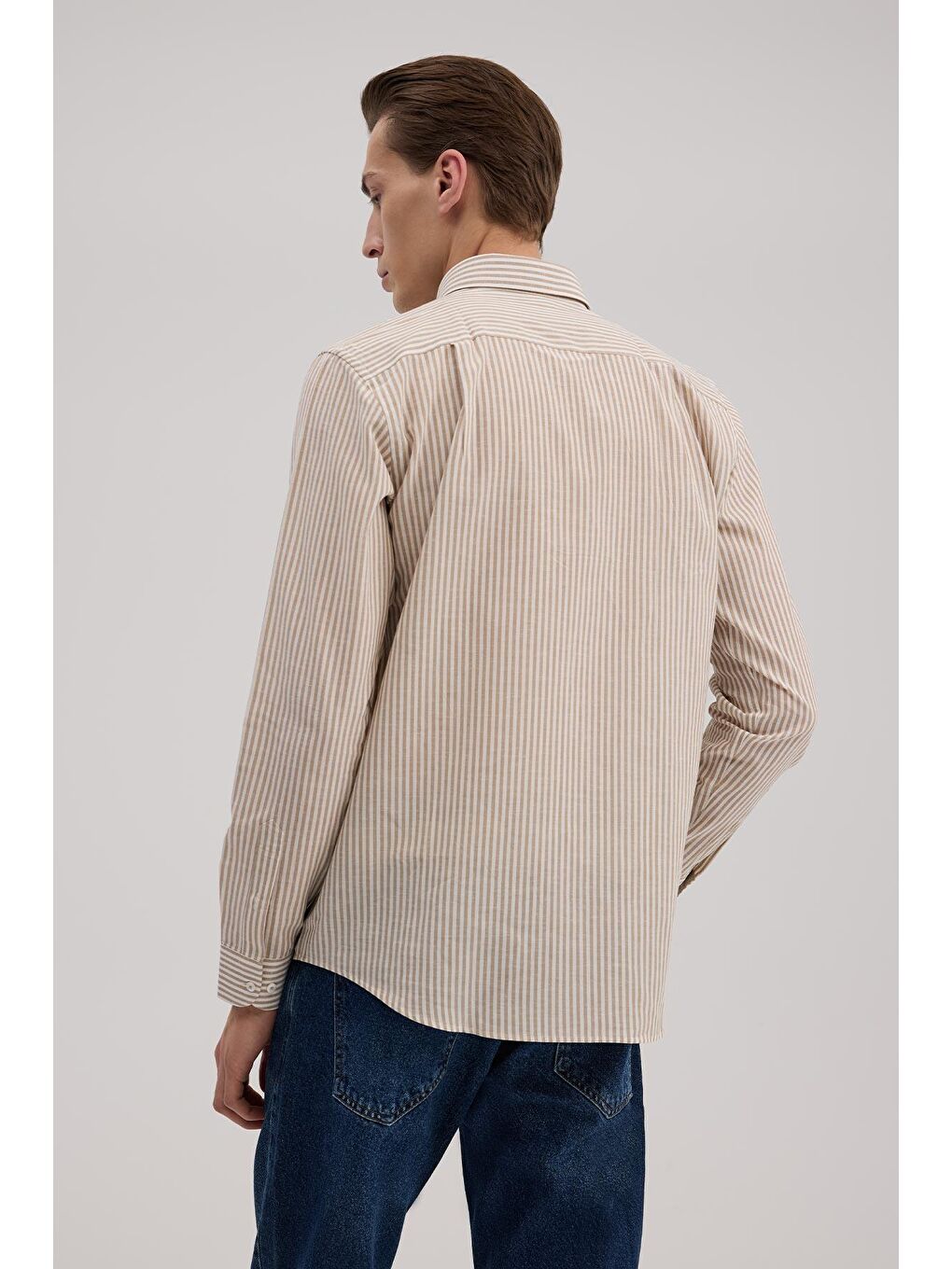 Kahverengi Taba Comfort Fit Keten Karışımlı Çizgili Gömlek-3