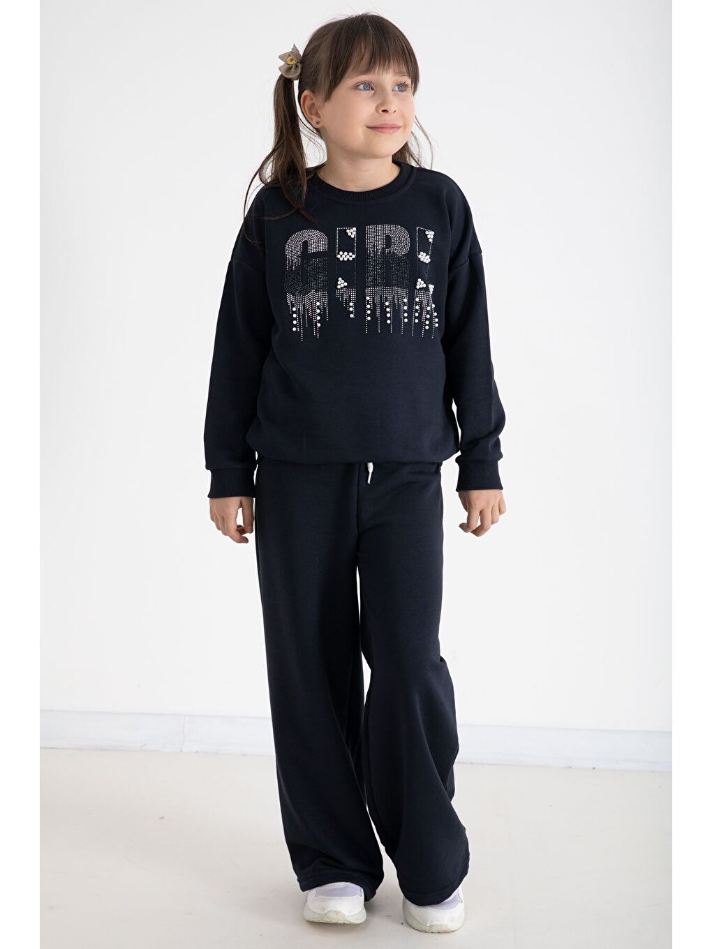 Lacivert Payetli Girl Yazılı Kız Çocuk Geniş Paça Eşofman Takımı 22729-1