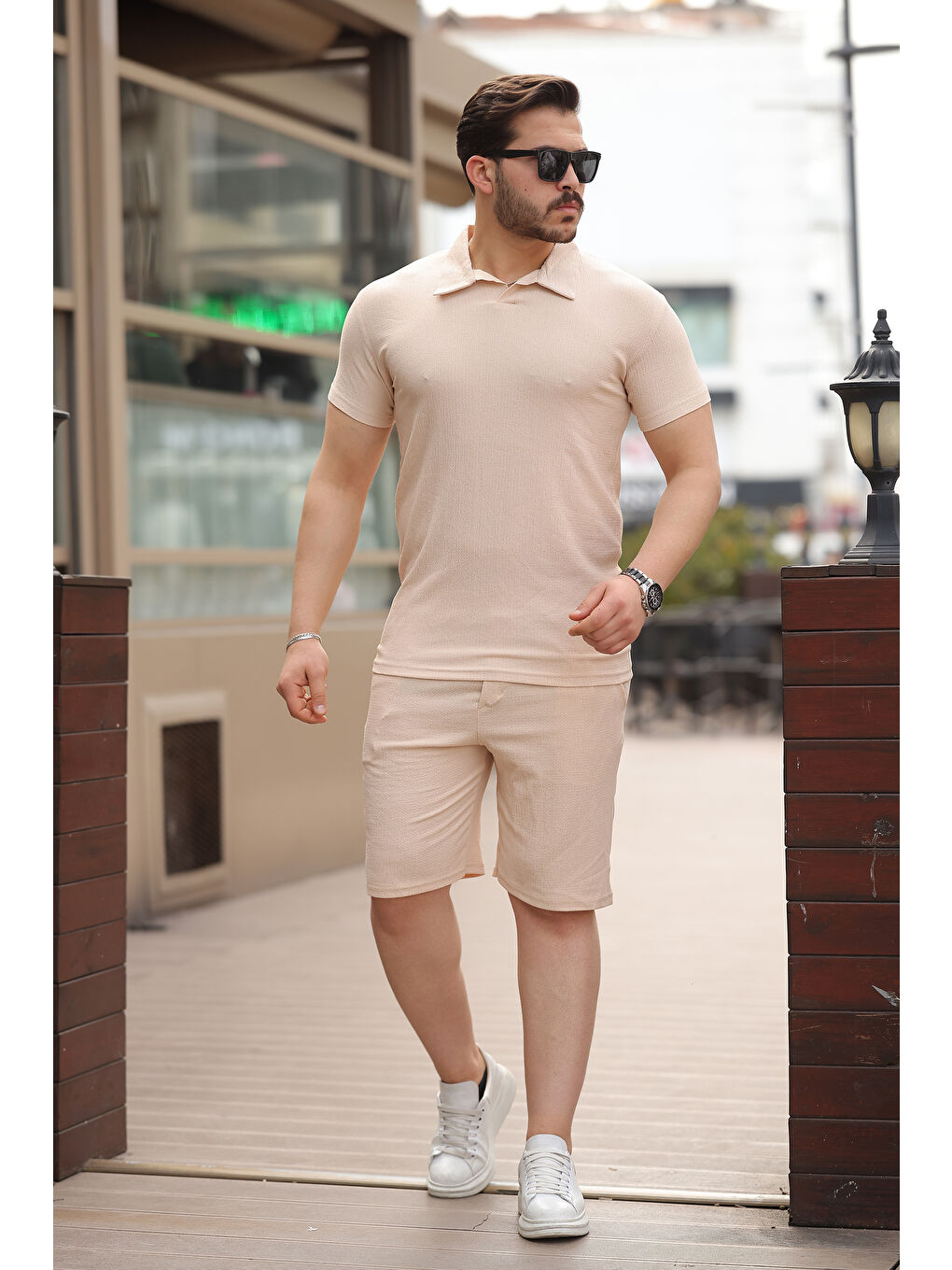 Ekru Erkek Bürümcük Krem Tişört Bol Şortlu Yazlık İkili Takım-4