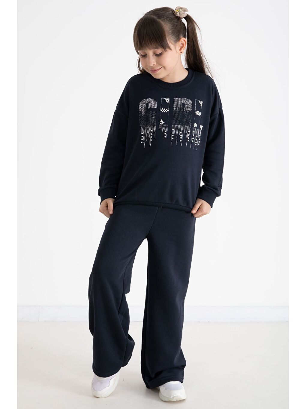 Lacivert Payetli Girl Yazılı Kız Çocuk Geniş Paça Eşofman Takımı 22729-2