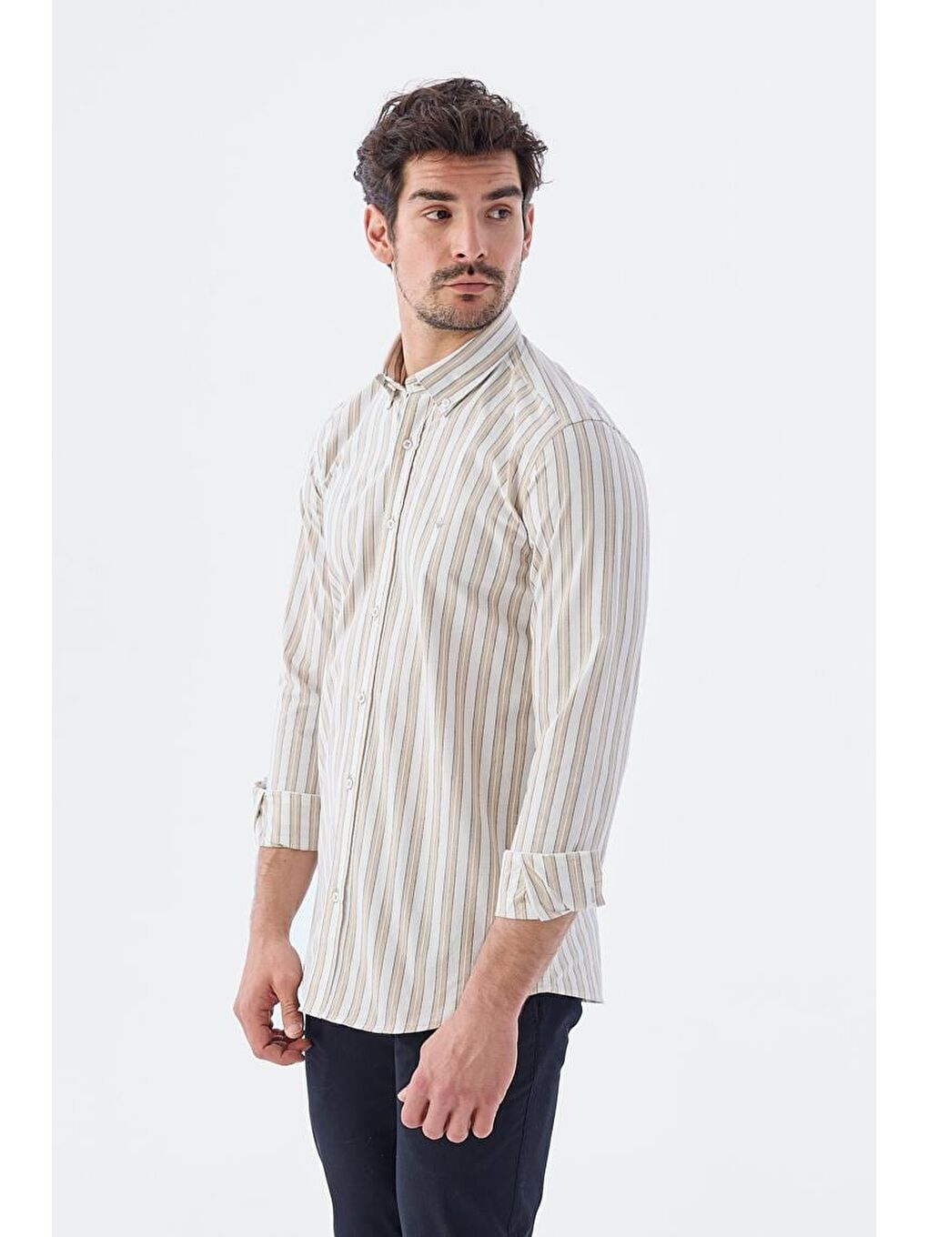 Bej Vizon Comfort Fit Düğmeli Yaka Cizgili Pamuklu Gömlek-1