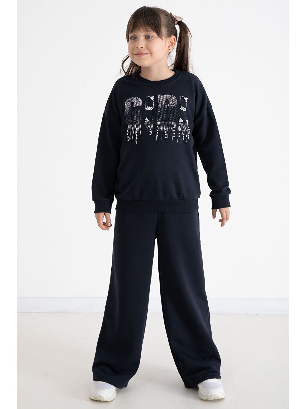 Lacivert Payetli Girl Yazılı Kız Çocuk Geniş Paça Eşofman Takımı 22729-4